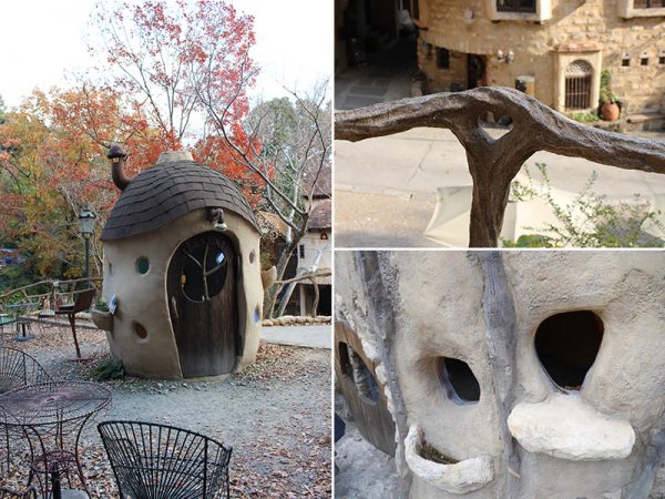 （写真左）空とぶガーデンハウス（写真右上）空とぶガーデンハウスの近くの手すりには、職人の遊び心でハート形のところが！　（写真右下）手すりの下にある壁には空洞の箇所がある。こちらをスタッフたちが“ぬくもり工房らしく”仕上げるのが課題のひとつになっているとか