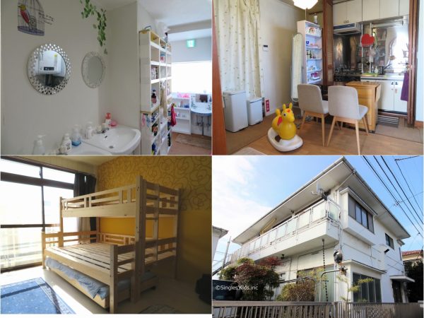 ゆとりのある広さが特徴のひとつ。左上から時計回りに2階の水回り、2階のキッチン、外観に10畳の個室。家具はついていない。この部屋はたまたま前入居者の家具が置かれていた。いずれの個室も窓があり、明るい