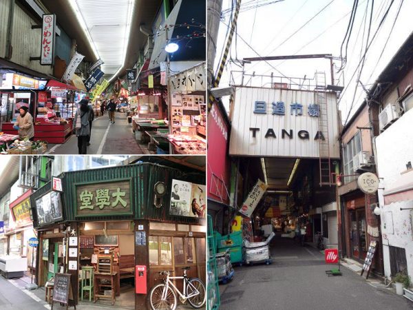 左上／全長180mほどのメイン通りから、横に小道がのびている　左下／2008年から北九州市立大学の学生が運営する「大學堂」。お店をしたいという学生の声に応じて、市場関係者がサポートしている　右／看板を掲げた入口が３つある