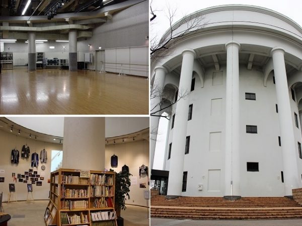 ＜写真左上＞大練習室のひとつ。（写真提供：名古屋市演劇練習館）</BR>＜写真左下＞1階にある資料コーナー（壁にかかった衣装などは取材時に行われていた企画展のもの）</BR>＜写真右＞正面入口の右手に野外劇場スペースが設けられている