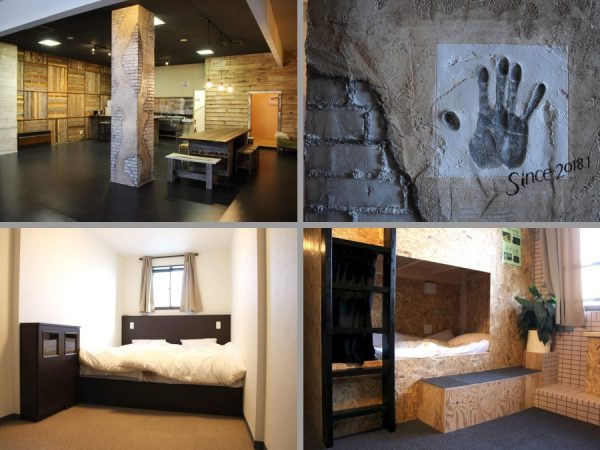 左上／メインラウンジの全景。宿泊者はもちろん、まちの人の集える場に。　右上／メインラウンジ真ん中には加藤氏が作り上げた大黒柱。オーナーの大久保氏の手形も施され、このラウンジをしっかり支えている。
　左下／シングル・ダブルルームの個室。元家族風呂を活用　右下／ドミトリールームは浴場の痕跡であるタイルがところどころに