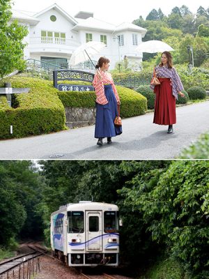 写真上：大正村の散策は矢絣の着物が似合う。「大正村浪漫亭」でレンタルができる<br>
下：車窓から見えるのどかな景色とグルメを堪能できる明智鉄道（写真提供／恵那市観光協会）