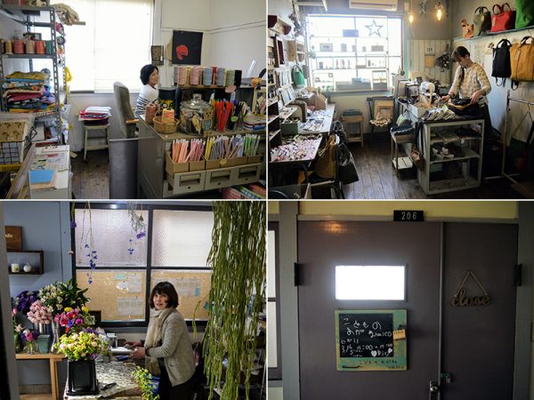 左上：202号室「bun1123 まなび舎ことり」、スズキさん。右上：203号室「peace」。写真の谷口久美さんと島村貴子さんが交代で店に立つ。左下：101号室「Flor Folha」、田中さん。右下：残念ながら取材の日は休業日だった206 号室「こどものめがね nalco」。弱視治療用のめがねやオリジナルのアイパッチを扱っているそう