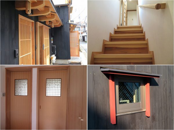 写真左上から、軒の下には暖簾を掛けられるようになっている。階段の手すりの細工の気配りにびっくり、貸しスペースの窓の外にはこんな飾りが。室内のあちこちに古い建物のガラスなどが使われている