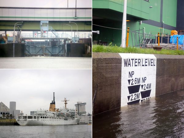 (左上)パナマ運河と同じ仕組みの中川口通船門　(左下）名古屋港ガーデンふ頭では巨大な船舶が間近に　</br>(右)中川口通船門に入ると徐々に水位が上昇していく