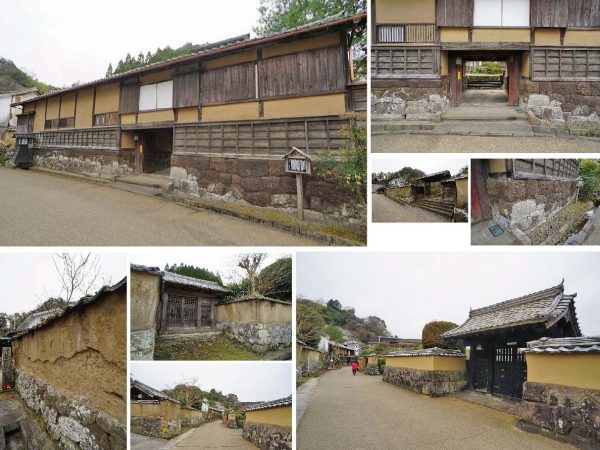 ▲「こちらの長屋門（写真：左上）はもともと中間（ちゅうげん）さんと呼ばれるお手伝いさんが暮らす建物でした。明治時代以降は職を失った武士たちがこの建物でお蚕さんを育てていたそうです。石垣をよく見ると、門の右側はこぶ出し、左側は石面を平らに加工した積みで、それぞれ様式が違っています。武家屋敷通りの建物は、土塀・石垣を眺めると時代ごとの意匠の違いが窺える貴重な資料です」と佐伯さん