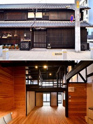 長屋の右半分がリノベーションした部分だが、外観は近くで見ても気づかないほど（写真上）。内観は吹き抜けと広いＬＤＫのある今ドキの賃貸住宅に一変（写真下）。「長く住むことを考え明るく快適な間取りにしました」と齋藤さん