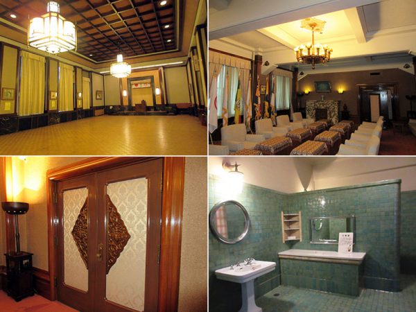 荘厳な趣の「正庁」（上左）と、竣工当時の内装をよく伝える「貴賓室」（上右）。建具や金具には和風のデザインが生かされている（下左）。青いタイルで装飾された洗面室には洗面台や洋式トイレが設置された（下右）