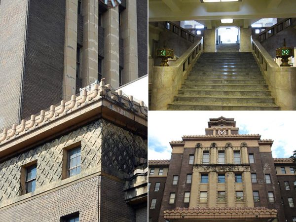 戦時の防災迷彩の黒色が今もうっすら残る（左、名古屋市役所提供写真、転載禁止）。玄関ホールの柱や階段手すりには山口県産の「小桜」という大理石が使われた（右上）。街への愛着や懐かしさをもたらすのも建築の価値の一つ（右下）