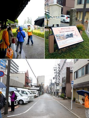（左上）七里の渡公園ではボランティアガイドが熱田の歴史を紹介　（右上）東海道と美濃路または佐屋路の分岐点を示す道標（下）かつての東海道の現在の様子