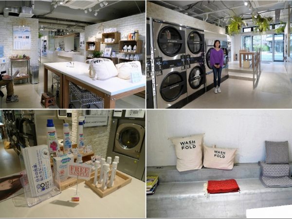 上左）パソコン作業をしながら洗濯が終わるのを待つ人も</BR>上右）取材に対応してくれた久湊良子さん。「WASH＆FOLDの各店の店長は、全員、クリーニング師の国家資格の取得者です」とのことだが、広報を担当する久湊さん自身もこの資格をもっている</BR>下右）店内のベンチにはクッションや電源が用意されている</BR>下左）作業テーブルの上にはさまざまなシミ抜き剤のサンプルが置かれていて、自由に試すことができる