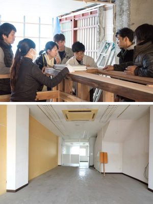 「第4回リノベーションスクール和歌山」で受講生は水辺座のリノベーションを体験。写真はカウンターを作成している様子だ（上）。もともと空き店舗だった時の様子。市堀川の存在感はまったく見られない（下）