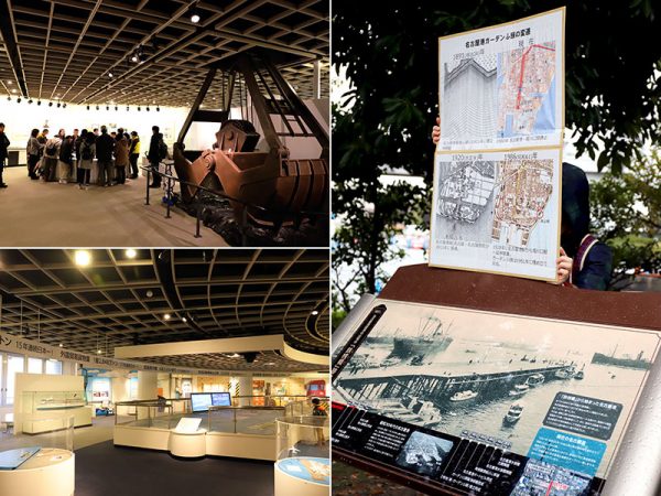 (左上)港の発展を支えた浚渫船のグラブバケットの実物大模型を展示　（左下）日本一の規模を誇る名古屋港のパノラマ模型　</br>（右）博物館を見学後はかつての港の面影を残した史跡を訪ねて散策
