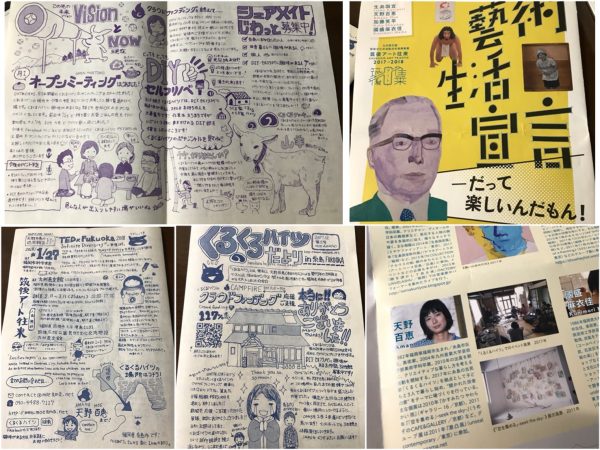 不定期で刊行しているくるくるハイツだより。手書きのイラストとコメントがぎっしり。糸島のいくつかの店に置いてあり、チラシを見ての問い合わせもある。実際に滞在しにきた人も（写真左）。2/11-3/11は筑後の九州芸文館の「藝術生活宣言」に出展。くるくるハイツでの暮らしを空間芸術として表現した（写真右）