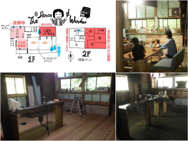手描きで作った全体の改装計画。右下はダイニングスペースのbefore。左下は床貼りワークショップ終了後。右上は現在の姿