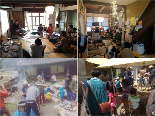 開催したイベントの一部。Co-Reキャラバン（左上）に、ねっこと葉っぱ塾（右上）、地域の人との餅つき（左下）や、友人主催のフリーマーケット「ぼちぼち市」（右下）など。人の出入りの多いくるくるハイツ。集落にも受け入れられているようで、これからが楽しみだ