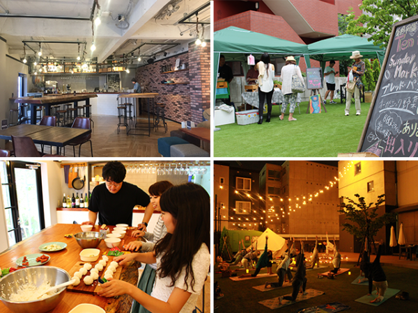 左上：カフェバースペース　左下：Hello Localのアクティビティで、お弁当をつくってピクニックへでかけた　右上：中庭で毎週日曜日に行われるSunday Marketの様子　右下：ナイトヨガ教室は、近隣に住むOLも参加してくれるそう