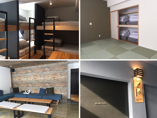 画像上：客室（ファミリールームと和室）和室は、外国人や小さいお子さんのいる家族に人気がある。
左下：ライブラリー（共有スペース）右下：レーザーカッターでつくったサイン。細かいところにもこだわりを感じる
