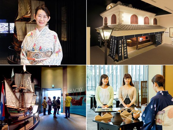 写真左上：三千家の茶道に親しむ、茶の湯体験施設担当の宮本雅代さん。右上：与謝野晶子の生家、和菓子商「駿河屋」をほぼ実際のサイズで再現。左下：千利休茶の湯館にて。日本に初来航し、堺にも来たというオランダ商船の模型。黄色いジャンパーが目印の観光ボランティアガイドが案内する姿も。<br>右下：茶の湯体験施設の「立礼呈茶」。予約なしでも抹茶と堺の和菓子がいただける。（大人500円　写真提供：さかい利晶の杜）