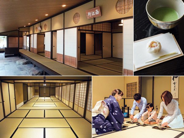 写真左上：本格的な茶室、表千家「西江軒」、裏千家「風露軒」、武者小路千家「得知軒」が並ぶ。右上： お抹茶と堺の和菓子。堺には何百年も続く和菓子銘菓が多い。左下：流派を超えてお茶会が開かれる茶室　右下：茶室お点前体験（予約制・10名以上　写真提供：さかい利晶の杜）