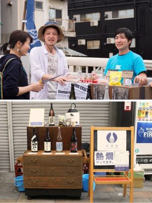 写真は、「ぶらくり丁商店街」で開催されたポポロハスマーケットに出店した際の様子（上）。下の写真は移動販売車「水辺座一合（いちごう）」。この販売車もワークショップを開催しての手作りだ