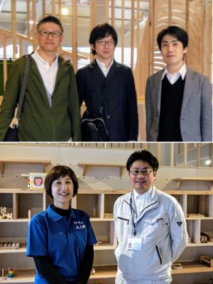 上：左から、シンラテック専務・伊藤直也さん、建築家・伊藤立平さん、シンラテック社長・近藤友宏さん。下：左から、NPO「人と木」理事長・岩本美枝さん、長門市農林課・永尾和彦さん