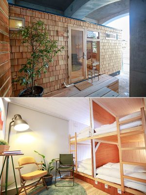 「DISCOVERY（発見）」「WONDER（驚き）」「SILENCE（静寂）」をコンセプトにつくられた3棟のホステルが高架下に並ぶ。室内は約13ｍ2。トイレとシャワー、キッチン、二段ベッドが2組、最大で4人の宿泊が可能だ。タイニーハウスでの暮らしを体験することで、本当に自分が求める住まいの形が見えてくるかもしれない