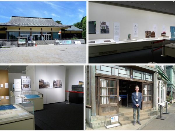 上左）江戸東京たてもの園の正面出入口となるビジターセンター。1940年（昭和15年）に宮城前広場（現在の皇居外苑）に建てられた「式殿」を改修した、「光華殿」という建物だ</BR>上右）看板建築の歴史や特色を学べる「看板建築展」。関東大震災の復興事業にかかわる資料も展示されている</BR>下右）江戸東京たてもの園の学芸員、阿部由紀洋さん</BR>下左）「看板建築展」では東京に残る看板建築についても紹介。東京の街から急激に姿を消しつつある看板建築だが、「中央区、千代田区には意外と残っています」と阿部さん

