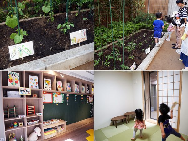 ＜上＞共用部のキッズガーデン内にある菜園。きゅうりやパプリカなどの夏野菜が植わっている。苗植えや収穫は日にちを決めてイベントとして実施。水やりをする子どもたち<br>
＜左下＞キッズスペースにはおもちゃを常備。奥にしまってあるおもちゃもあり、その子の好きなものに合わせて管理人さんが出してくれることもある<br>
＜右下＞キッズスペースに隣接する和室のゲストルーム。布団も用意してあり、申請をすれば家族が宿泊することも可能（有料）