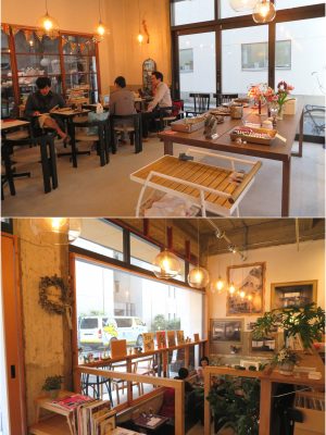 上の写真のテーブルの上、サイフォンに飾られているのがご近所さんの持ってきた花。下は半地下のもぐら席