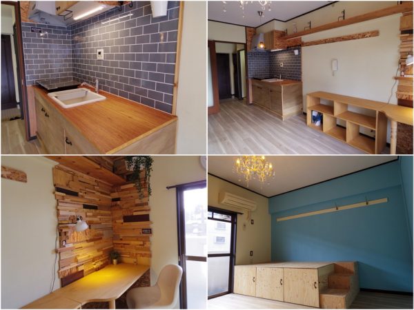 DIYリノベが完成。壁の塗装やキッチン・ベッド・デスク周りの製作も全て学生たちが手がけたもの。各々授業やアルバイトの合間に協力し、3週間弱で作り上げた。また、吉浦さんは完成したこの部屋を一般の不動産情報には載せず、対象を在校生に絞って、PRも学生の自主性に任せているそう