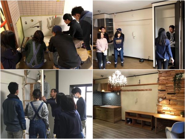 写真左：解体時の様子。既存のキッチンと窓側の収納を取り払った。右上がBefore・右下がAfterの様子