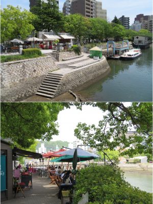 水辺のカフェ。上が元安川、下が京橋川。元安川のカフェの右手にあるのが江戸時代からの歴史のある牡蛎船で唯一残った店舗。かつては名産の牡蛎を船で大阪まで売りに行っていたそうだ