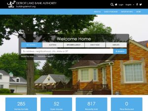 デトロイトのランドバンクのトップページ。現在扱っている物件数などが表示されている