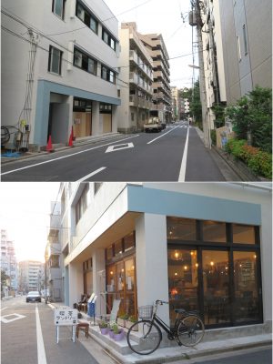改修中、改修後。建物の中が見えてない状況と窓とを比べると明らかに雰囲気が違う