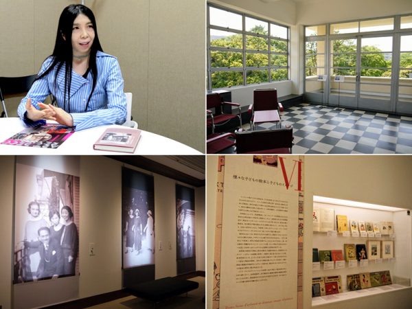 （左上）東京都庭園美術館学芸員の神保京子さん（右上）会期中、限定公開されている「ウインターガーデン」（左下）本館1階喫煙室にはパリ滞在中の朝香宮夫妻の写真などが展示されている（右下）同時開催の「鹿島茂コレクション　フランス絵本の世界」