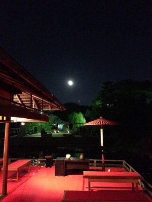 立礼席の濡縁で十五夜に開かれる「観月の会」（写真提供：白鳥庭園管理事務所）