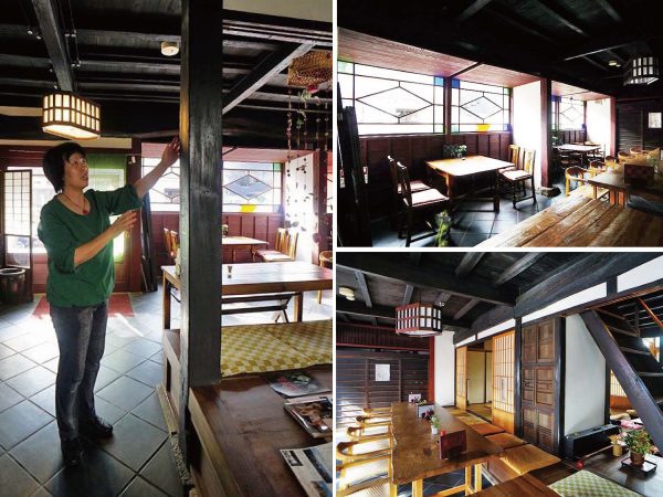 ▲「大工さんによると、この柱は“最初にこの建物が建てられた当初からあった大黒柱”だそうで、おそらく龍馬さんも触ったものだろうと想像しています（笑）」と、愛おしそうに柱に触れる松居さん。通り土間に隣接する店舗スペースや座敷、奥に中庭と蔵を配置した間取りは、いかにも“鞆の浦の古い建物らしい特徴”を今に残している