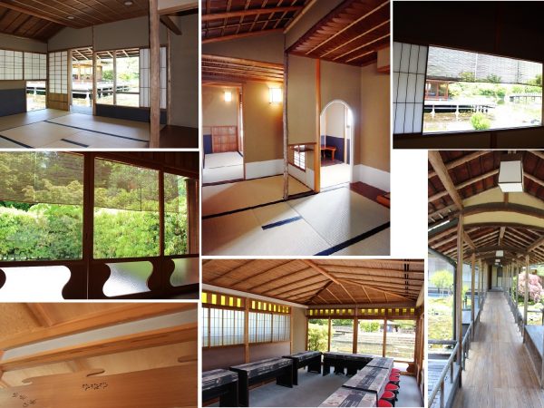 いずれの部屋からも日本庭園の景色を堪能できる。時を経た丸太の風合い、欄間、天井など日本の建築美にうなる（中央上段の茶室・澄蘆の写真は、白鳥庭園管理事務所提供）