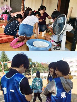 イベント「みんなで自由研究」で子ども達と制作を楽しむ沼田さん（写真上、右側から2人目）と、町内会所属運動会に参加する岩間さん（写真下、右側）