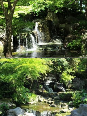 写真上段が滝の景、下段が渓流・渓谷の景。滝の景には雄滝（おたき）、渓流・渓谷の景には雌滝（めたき）と呼ぶ滝がある。自然そのままのような見事な石組が見られる。水は雄滝から毎分4000リットル、雌滝から毎分2000リットルが排出され、合わせて6000リットルが流れながら、水の景色を作り出している