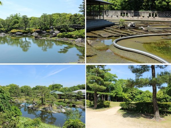 （写真左上）雄大な海をイメージした海洋の景（写真左下）木曽川が揖斐川、長良川と合流する景色を現す水郷の景（写真右上）汐入の景では、30分ごとに汐の満ち引きを演出（写真右下）アカマツをはじめ、鮮やかな緑色がまぶしい