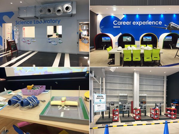 【写真左上下】サイエンスラボの小中学生向けプログラムでは、模型とドライヤーの風を使って飛行機が飛ぶために必要な<br>4つの力（重力・効力・揚力・推力）について実験する<br>
【写真右】職業体験は時間帯によって大人も参加可能。職業体験というだけあって講義と実習あわせて約50分の充実した内容に。<br>右上はフライトシミュレーターを使ったパイロット体験。右下は整備士体験エリア
