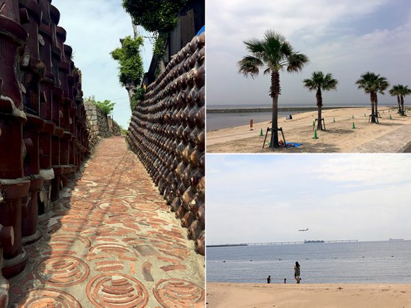 写真左/かつて日本一の土管の生産地だった常滑市。やきもの散歩道に今も残る明治期の土管と昭和初期の焼酎瓶が壁に埋め込まれた「土管坂」は、やきもの散歩道を代表する風景のひとつ。<br>
写真右上下/セントレア対岸のりんくう地区に作られた人工海浜「りんくうビーチ」からは飛行機が見える。常滑市は新しい施設と歴史あるものが融合した面白味のあるまちだ。写真提供/常滑市