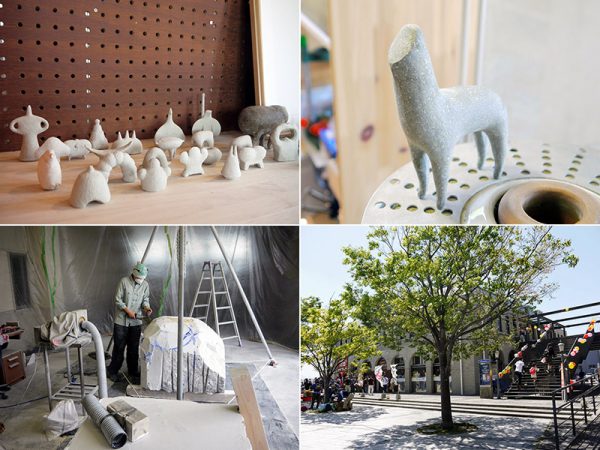 （左上・右上）稲葉さんのアトリエに展示されていた作品（左下）野外彫刻制作中の稲葉さん。粉じん対策にマスクとゴーグル、騒音対策にはヘッドフォンが欠かせない（右下）門司港「港ハウス」。階段を上がって左手が「門司港美術工芸研究所」。
