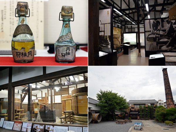 （左上）駅売り酒コップ付小びん［月桂冠提供］（右上）内蔵酒造場（右下）中庭（左下）展示室