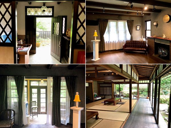 （左上）「旧久野邸」玄関。天井は化粧梁間をアーチ状に仕上げた凝ったつくりになっている（右上）応接室。マントルピースを模した造作には深い色合いのタイルが貼られている。棚の上や台座に飾られているのは松浦さんの作品（左下）応接室に続くサンルーム。直接庭に出られるようになっている（右下）縁側を回した二間続きの座敷