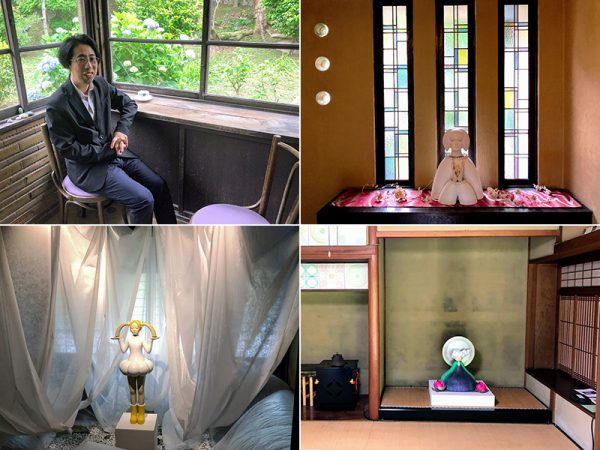 （左上）テラコッタ彫刻家の松浦孝さん。2018年4月に門司港美術工芸研究所の所長代理に就任した（右上）「旧久野邸」の玄関ホールに置かれている「花Ⅱ」。周りに飾られた和紙の花は、松浦さん同様「門司港アート村」で学んだ創作和紙作家・橋上三喜子さんの作品（左下）床を抜いた元和室は、作品「雨あがり」を中心としたインスタレーションに（右下）床の間には「夢ノ月ヲ想フ」