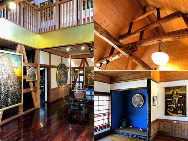 （左）1階から小屋裏まで吹き抜けに（右上）100年前のままと思われる屋根の小屋組（右下）鮮やかな青に塗られた床の間