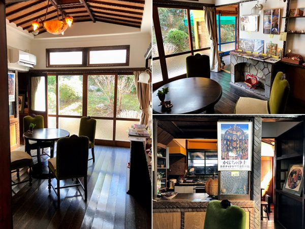 （左上）数寄屋などに見られる「舟底天井」の食堂。（右上）壁には書院の「違い棚」風の飾り棚や擬似マントルピースが造り付けられている。（右下）食堂とキッチンは窓のあるカウンターで仕切られている。造作材に斜めの切り込みを入れるなど凝った造り